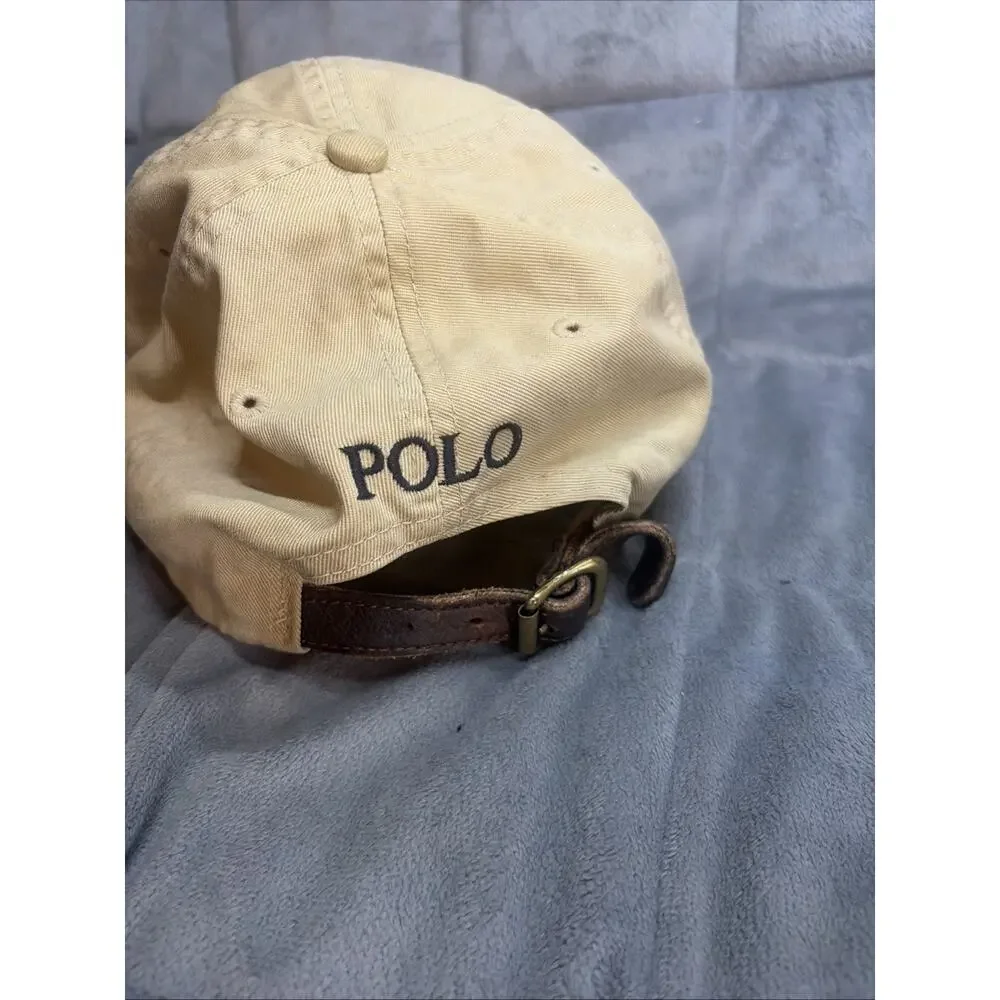 Polo Ralph Lauren Hat Cap Strap Back Mens One Size Beige Leather Pony Logo